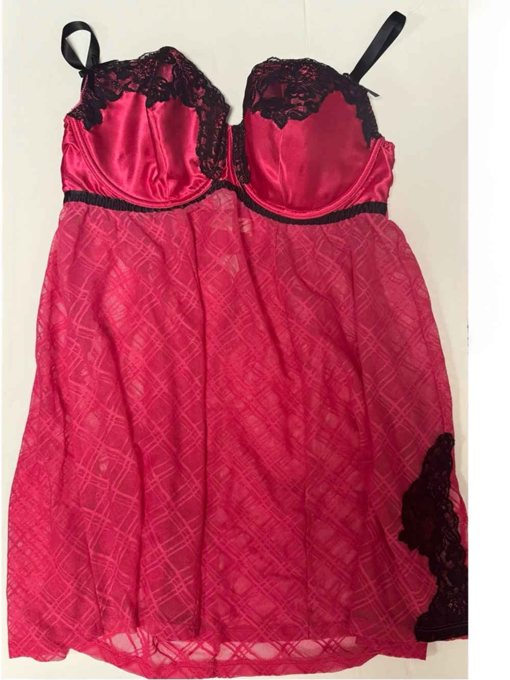 Cacique Silk Hot Pink Babydoll Chemise w Black Lace Trim Lingerie Slip 18/20 2X
